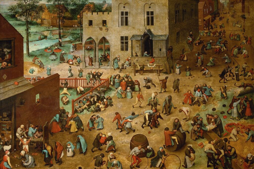 Pieter Bruegels Gemälde Die Kinderspiele mit Hunderten spielender Kinder auf einem Dorfplatz
