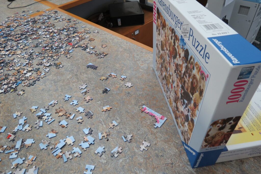 Ravensburger-Puzzleschachtel mit 1000 Teilen auf einem Tisch, davor viele lose Teile