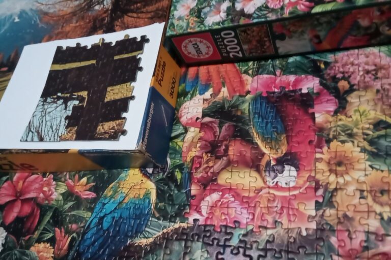 Fast fertiges Puzzle mit buntem Papagei und Blumen, darauf liegt die Puzzleschachtel