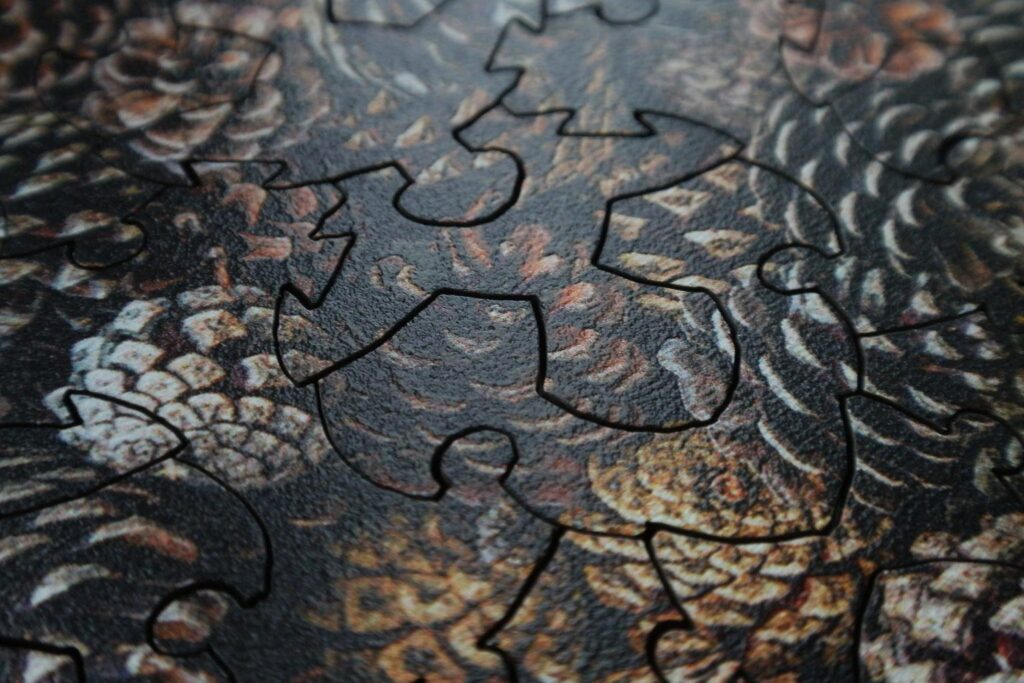 Puzzle mit Motiv aus Tannenzapfen, bei dem die einzelnen Teilformen gut zu erkennen sind