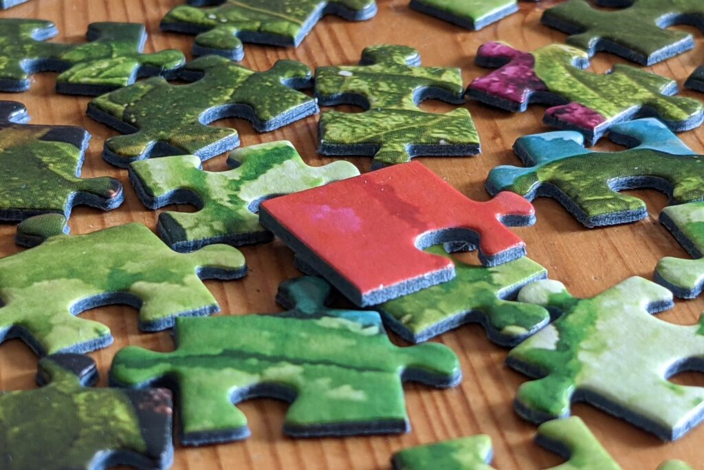 Grüne Puzzleteile liegen durcheinander auf einem Holztisch, darauf ein einzelnes rotes Teil
