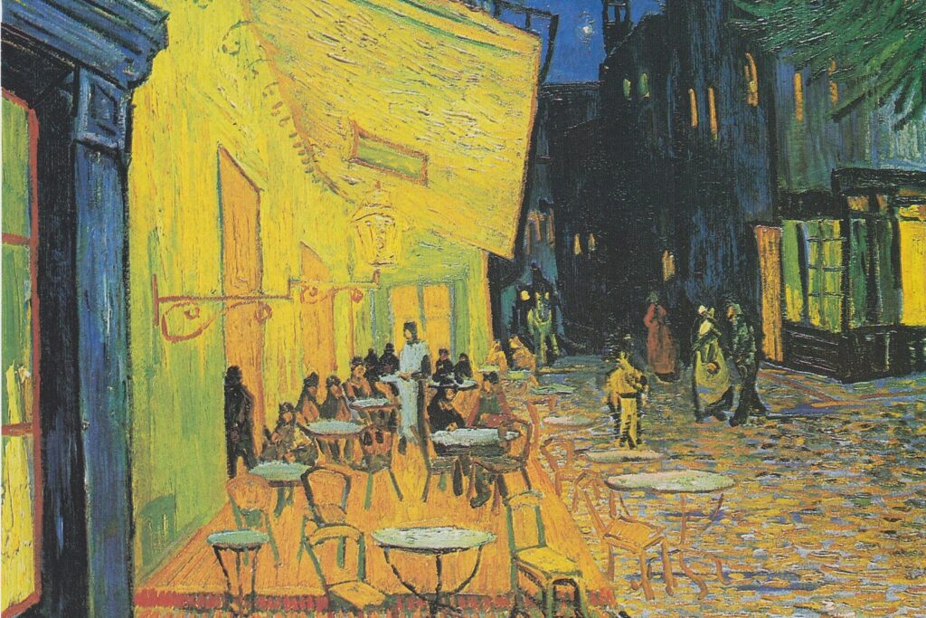 Ausschnitt aus Van Goghs Gemälde Caféterrasse am Abend mit gelber Markise und Sternenhimmel