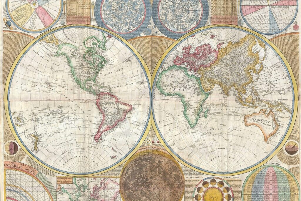 Historische Weltkarte aus dem Jahr 1794 mit zwei Erdhalbkugeln und verzierten Rändern